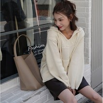 [PINKFUL] 여성 브이넥 캐주얼 니트 후드 맨투맨