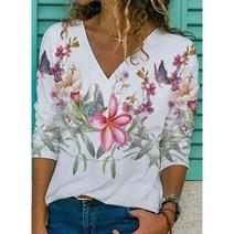 플라워 블라우스 꽃무늬 셔츠 여성 브이넥 소매 프린트 캐주얼 루즈핏