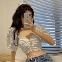 로필 / 벌룬퍼프 오프숄더 백스모크 아일렛 크롭블라우스