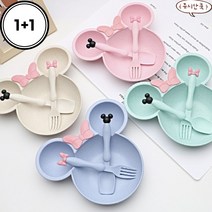 쥬시안쿡 [1+1] 유아 식기+수저포크 세트 답례품 간식접시, 블루+아이보리