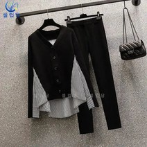 셀럽당 빅 사이즈 여성 슬림핏 스트라이프 상의 캐주얼 팬츠 투피스