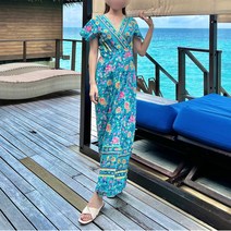 [헬로 바캉스] RH-003보헤미안 그린 플라워 휴양지 반팔 브이넥 롱원피스