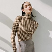 폴라넥 이너셔츠 북유럽풍 NANU 간지나는 바둑판 칸 플라워 프린팅 스판 슬림 반폴라 긴팔 여성 봄 3727439756