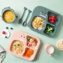 드롭샵 유아 천연 식기세트 볼+식판+컵+포크+젓가락+숟가락 set, 공룡식기세트 - 그린