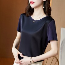 여름 티셔츠 새틴 실크 반팔 패션 슬림 라운드 넥 올 매치 통근용 심플 상의 13378