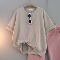 여성용 빅사이즈 오버핏 라운드 반팔 데일리룩 루즈핏 롱티 룰루자수레터링맨투맨