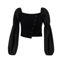 봄 여름 셔링 숏 크롭 셔츠 면 오픈숄더 블라우스 블랙 그레이 6