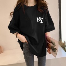 [오늘발송] 스타일아유 여성 반팔 티셔츠 NY 로고 오버핏 여자 반팔티 롱 티 노마진 루즈핏 박스 프린트