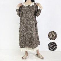 솔라 레이스 카라 원피스 잔꽃 플라워 프릴 면 레이어드 롱 루즈핏