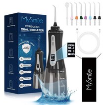 MySmile 강력한 무선 350ML 워터 덴탈 플로서 휴대용 OLED 디스플레이 구강 세정기 5가지 압력 모드 8가지 교체 가능한 제트 팁 및 보관 가방 가정 여행용 블랙 USA, Black_11.83 Fl Oz (Pack of 1)