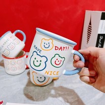 YSHOULDins 약필화 한국식 머그컵 귀여운 곰돌이 캐릭터 도자기컵 아침밥컵 물컵 스마일컵 350ml 1개, 블루 트리오베어A