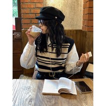 스트라이프 컬러 니트 가을 라운드 스판 나시 하늘비즈 C23 M884Y463