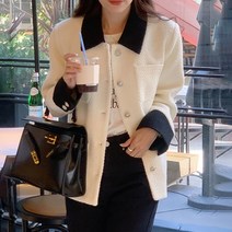 트위드자켓 EWQ 턴다운 칼라 콘트라스트 트위드 모직 재킷 패치 워크 싱글 브레스트 울 혼방 코트 2023 봄 가을 상품