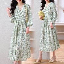 NEW 쉬폰/긴팔/브이넥/플라워/플리츠/여성 롱 원피스 데일리/파티/여행/데이트/가을원피스