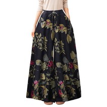 빅사이즈 여성 와이드 팬츠 여성 면마 프린트 캐주얼 스트링 팬츠 뉴타임즈 E336B929