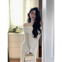 니트 원피스 긴팔 주름 슬림 소프트 스판 오프숄더 롱스커트