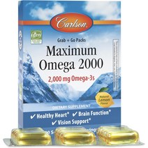 수입영양제 수입보충제 Carlson 최대 오메가 2000 그랩 앤 고 팩 오메가3 2000mg 자연산 노르웨이 피쉬 오일 보충제 지속 가능한 방식으로 공급되는 캡슐 레몬 소프트젤