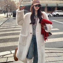 모던 알파카 페이크퍼 롱코트 버티칼 노카라 미디 모피 퍼 코트