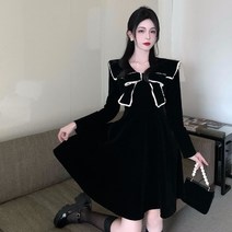 드레스 작은 검은 드레스 네이비 칼라 디자인 고급 허리 골드 벨벳 드레스 여성의 봄과 가을 yq0107