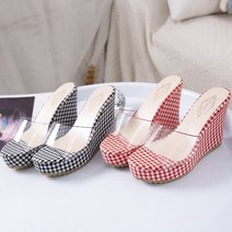프리티슈 여성 여름 투명 PVC 체크 가보시 통굽 뮬 슬리퍼 웨지힐 샌들 10.5cm