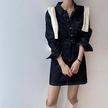 포켓 뒤밴딩 카라 데님 미니 원피스