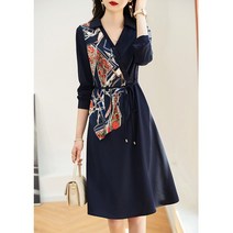 어라운드24 여성 미디 원피스 브이넥 긴팔 a라인 카라 스트랩