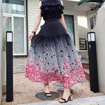 탑샤인 플라워 쉬폰롱스커트 머메이드 인어 밴딩스커트 55~100 빅사이즈여성의류 플러스사이즈 여름 여성긴치마 롱(발목길이)스커트