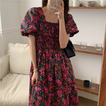 해외여행 휴양지 원피스 여름 백리스 스모킹 캉캉 롱 비치원피스 퍼프 벌룬 DR9613 뉴 빈티지 무늬 플로랄 하이웨이스트 스퀘어 카라 소매 여성 시크 써머 데일리