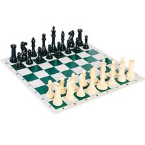 토너먼트 체스 세트 90 플라스틱 채워진 체스 조각 및 녹색 롤업 비닐 체스 보드 게임, 51x51cm 킹 97mm