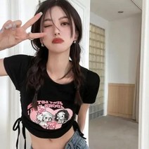 하이틴룩 Y2K 세미 크롭 반팔 셔링 스타일 티 코디 키치 복고풍 룩 CT137