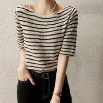 주디앤 여성 베니 스트라이프 니트 반팔 티셔츠