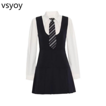 vsyoy 대학 스타일 정장 여성의 가을 새로운 긴 소매 드레스 화이트 셔츠 넥타이 타이트 허리 슬리밍 주름 짧은 치마