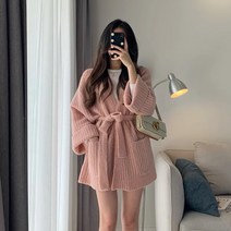오버핏 핑크 롱 뜨개가디건 허리끈 그물 니트 로브가디건