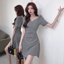 여름 빈티지 프렌치 쁘띠 치버드 조임 허리 슬림핏 퍼프 소매 작은 키 원피스