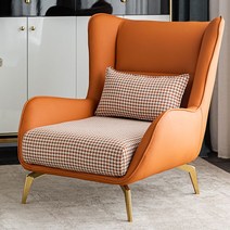 1인용소파 거실 윙체어 북유럽 가죽 싱글 푹신한 의자, 오렌지 레드체크 78x86x93cm
