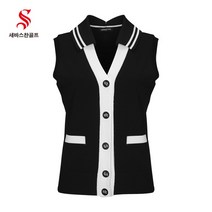 [세바스찬] [골프](국내생산) 23 S/S 여성 빅카라 장식 오픈 니트 조끼 3303 골, 색상:블랙 / 사이즈:90