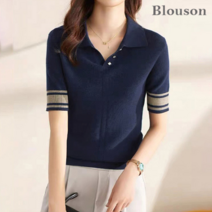블루종 카라 V넥 소매배색 반팔 니트_B2304KN611B