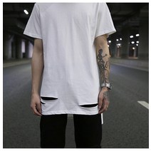 수의 유골함 관 남성용 비칭 반팔 라운드 넥 티셔츠 유럽 및 미국 스타일 앞면 짧은 뒤 긴 장례식 구멍 티셔츠