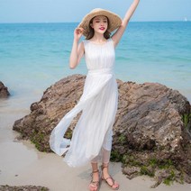 LL 화이트비치 해변가 바캉스 화이트롱 실크 원피스