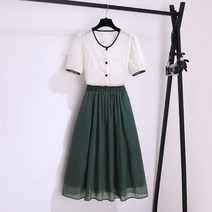 레이스 셔츠 원피스 세트 여름 여성복 기질 반팔 상의+스커트 여성 패션 투피스