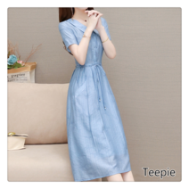 티피/Teepie여성 여름 모던하고 편안한 벨티드 더블 버튼 중 롱 카라 시폰 원피스