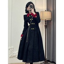 트위드 원피스 UCXQ 사교계 명사 빈티지 콘트라스트 컬러 라펠 골드 버튼 드레스 봄 가을 신상품 풀 슬리브 a-라인 플리츠 베스티도
