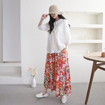 브이와이 여자 여름 플라워 플리츠 캐주얼 화려한 롱 스커트