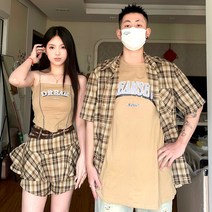 남성 여성 커플룩 체크 셔츠 나시 커플티 시밀러룩