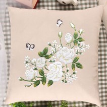 베개 diy 소파 쿠션 만들기 재료 패키지 정신 수양, 화이트 로즈 [자수스트레치/베개심 없음]