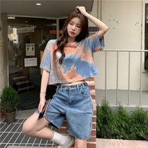 베러댓걸 여성용 무지개 물나염 숏 반팔티 여름 반소매
