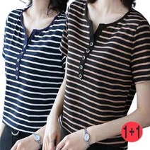패션디바 1+1 여성 단추포인트 스트라이프 반팔 티셔츠 반소매