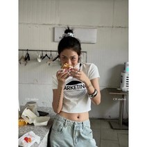 CH 한국 동대문 여름 새로운 순면 짧은 빛 파란색 유행 어깨 패드 스트레치 짧은 소매 올 매치 티셔츠 여성