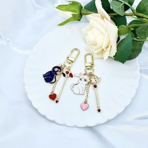 카드캡터체리 핸드메이드 열쇠고리 고양이 닭봉 별봉 지팡이 에어팟 버즈 키링, 화이트 냐옹