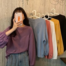 스타일아유 여성 무지 라운드 퍼프 벌룬소매 긴팔 티셔츠 데일리 맨투맨 오피스룩 하객룩